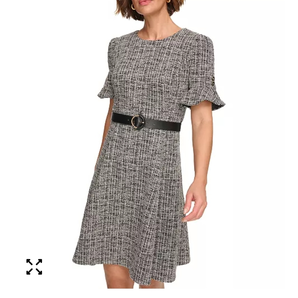 DKNY Black and White Tweed Midi Dress